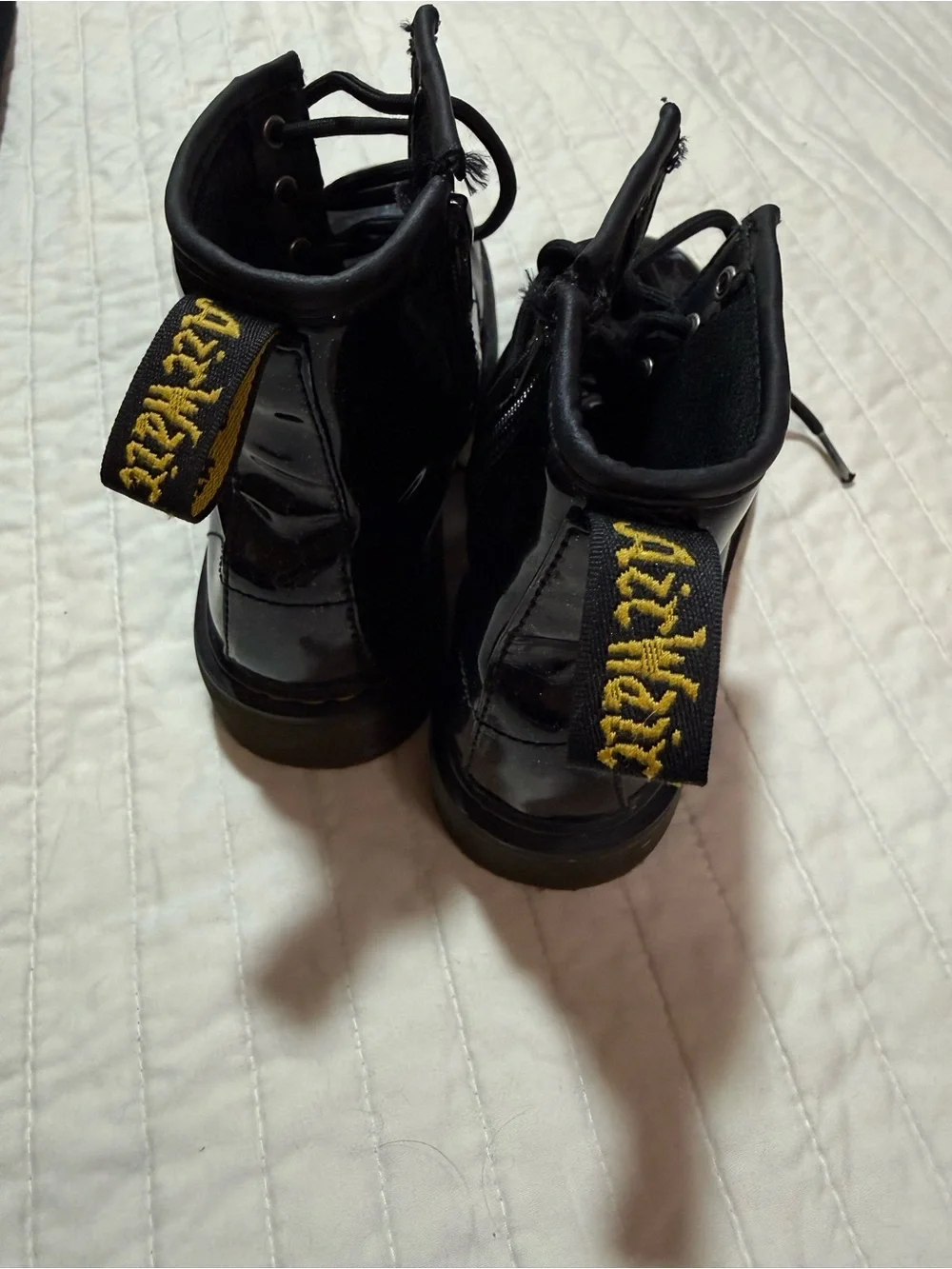 Dr. Martens 1460 Junior Glitter Black Patent Leather Boots with Yellow Stitching